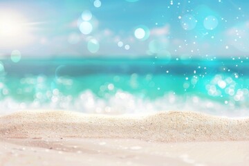 Blurred background of a beautiful beach with a blue sky and white clouds.