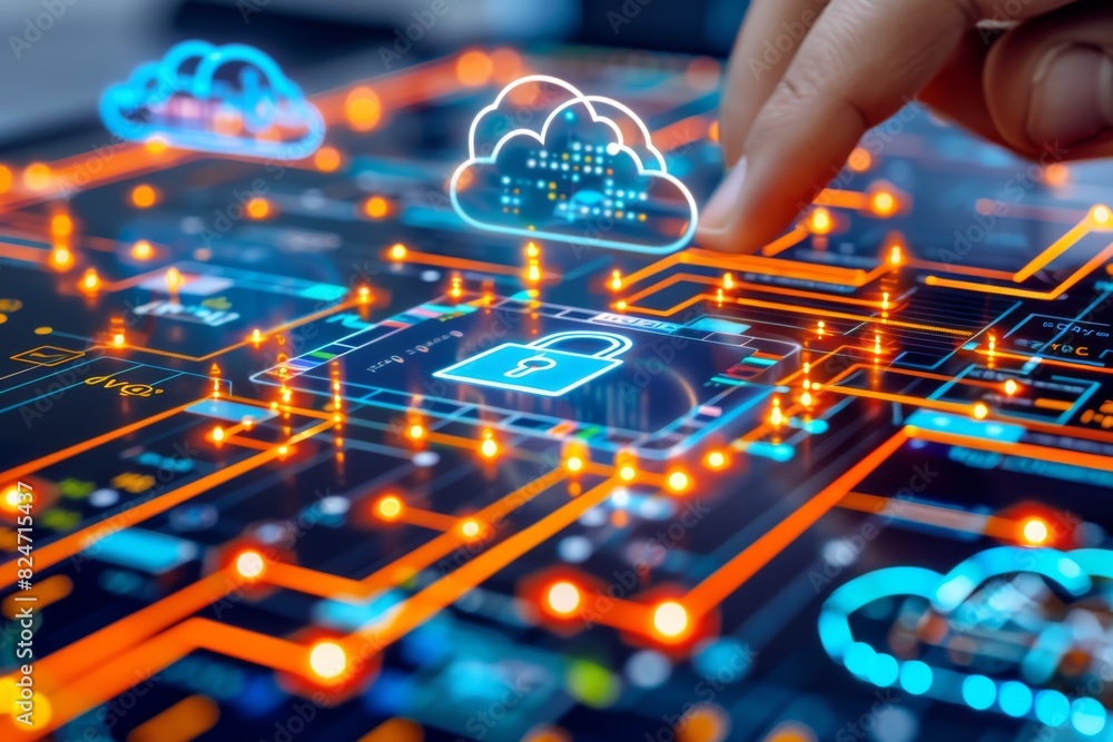 Poster high tech cloud security illustration featuring secure data networks in a blue and white theme
