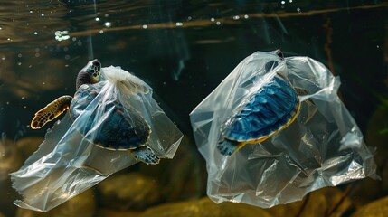 baby turtle covered in plastic waste, the dangers of plastic waste for the marine ecosystem