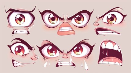 Japanese animation characters with cute faces. Manga-style eyes and mouths. Comical cartoon japanese emoticons. Background, wallpaper. Emotions.