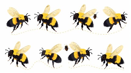 Bee flying on a dotted route with white background. Modern illustration.
