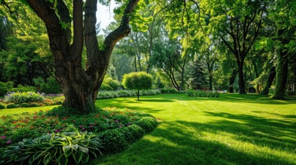 Trees Yard Garden: Manicured Park with Green Plants, Flowerbed, and Relaxing Summer Landscape