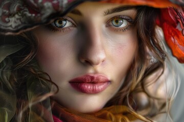 Close-up of a woman wearing a stylish hat and scarf. Perfect for fashion blogs or winter-themed designs
