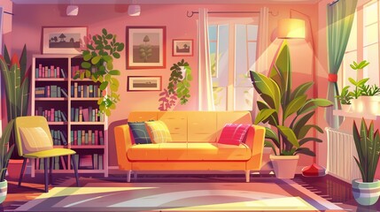 Modern flat style cartoon illustration of living room interior with sofa, bookshelf, chair, and plants.