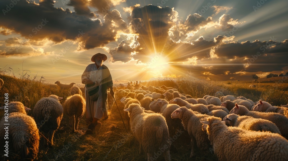 Poster A man standing in front of a herd of sheep. Suitable for agriculture concepts