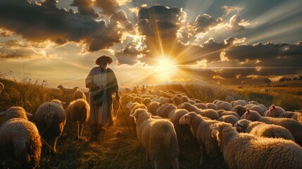 A man standing in front of a herd of sheep. Suitable for agriculture concepts - Powered by Adobe