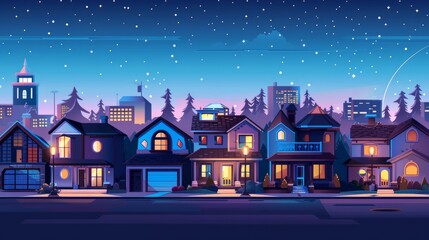 In a nighttime urban or suburban neighborhood, houses with lights, late evening or midnight. Modern houses with garages, trees and driveways. Suburban village scene with cottage buildings and street