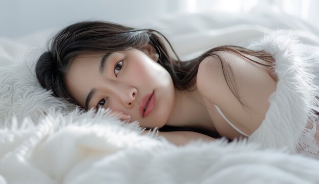 Beautiful asian woman lying on white fluffy bed, copy space for text banner for beauty and spa concept.