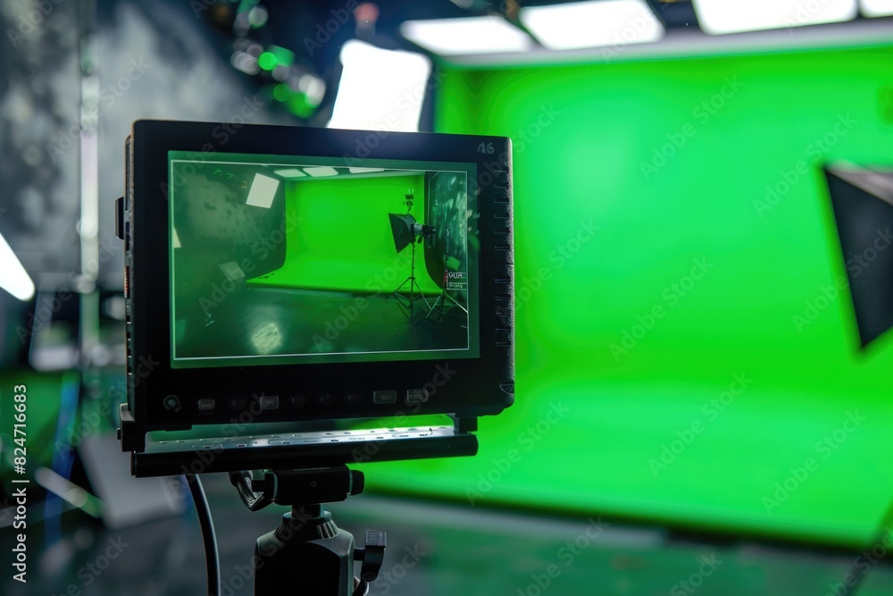 Poster a green screen is set up in a studio. ideal for video production projects