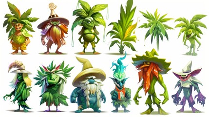 Animated Cannabis Leaf Cartoon Characters Set. Modern Collection Isolated On White