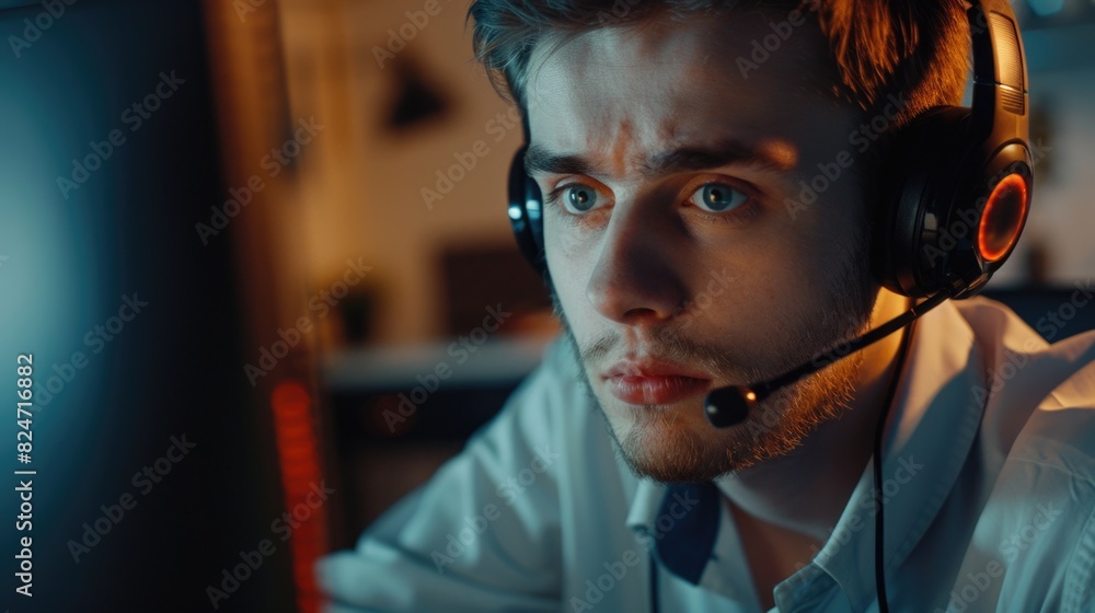 Poster a man wearing a headset looks directly at the camera. suitable for technology concepts