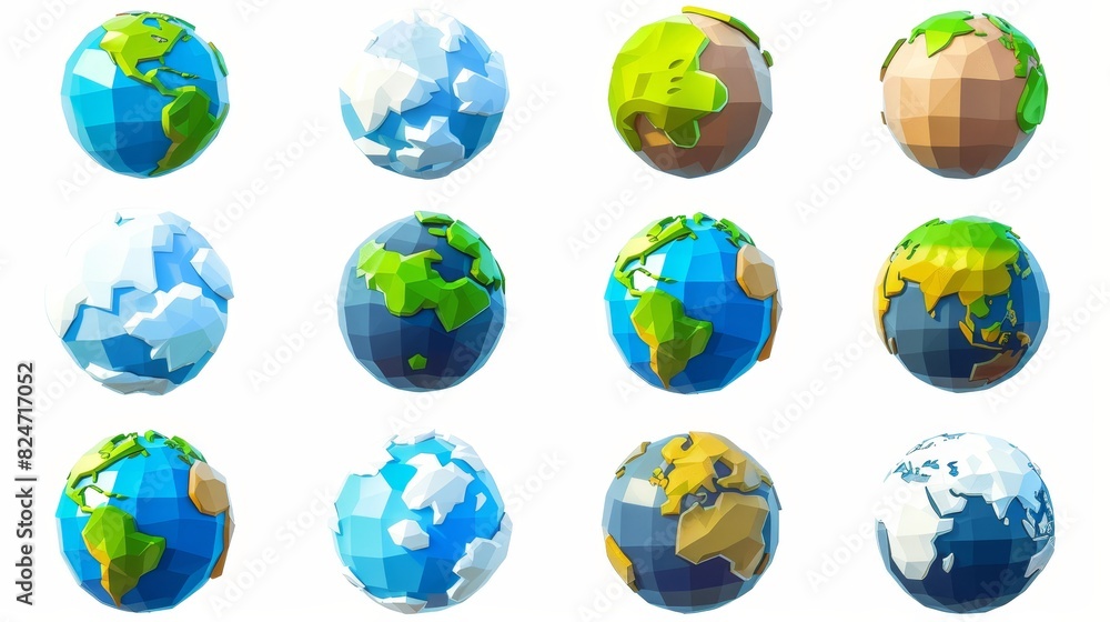 Poster various views of planet earth on white background. set of 3d icons representing the globe.