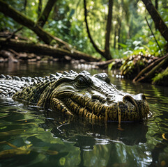 Naklejka premium Crocodile swimming in the pond in the wild