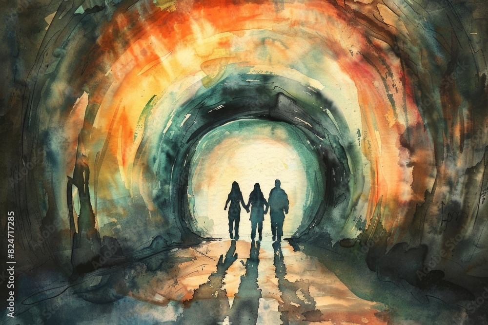Poster a painting of two individuals walking through a tunnel. suitable for various concepts and designs