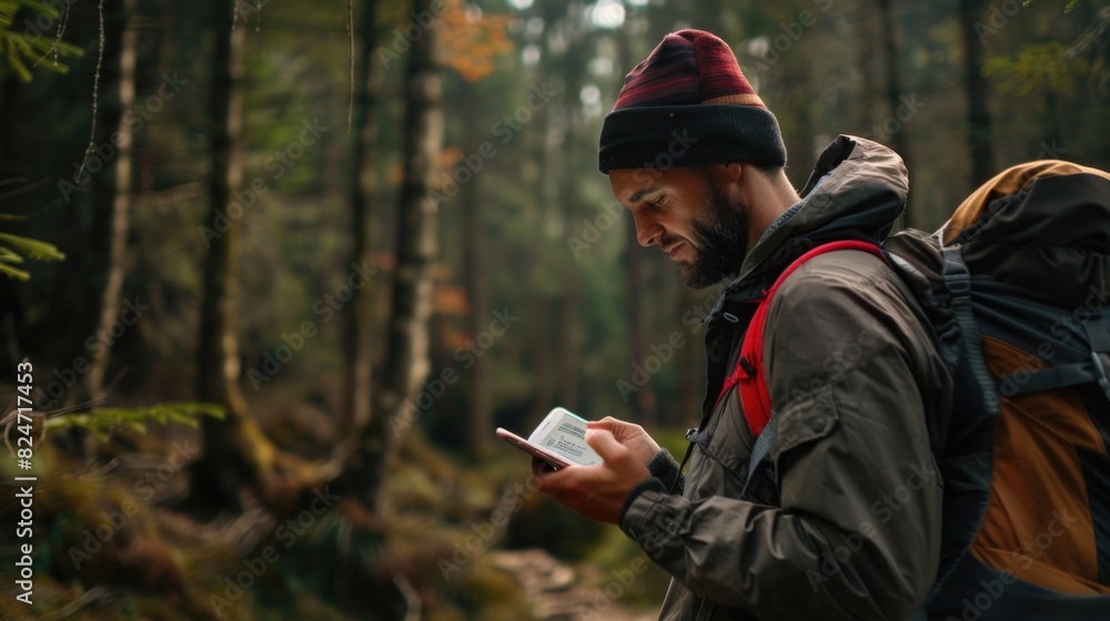 Poster a man with a backpack studying a map. suitable for travel and exploration concepts