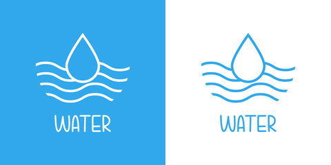 Logo con palabra Water y gota de agua con olas de mar con líneas  © teracreonte