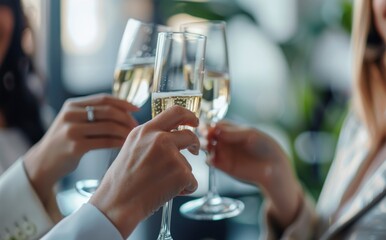 Close up of two business women clinking champagne glasses in an office