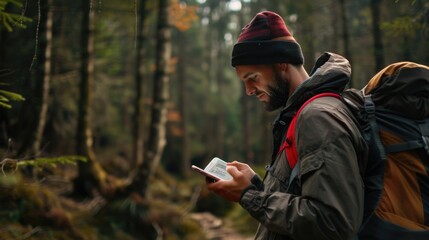 A man with a backpack studying a map. Suitable for travel and exploration concepts