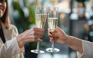Close up of two business women clinking champagne glasses in an office