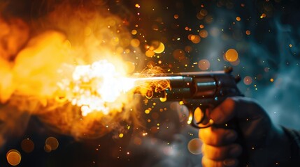 Fototapeta premium A person holding a gun with a fiery background. Suitable for illustrating danger and crime scenes