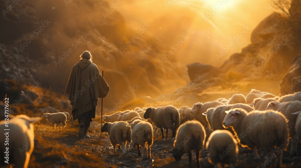 Poster A man standing in front of a herd of sheep. Suitable for agriculture concept