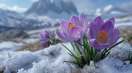 Crocus flowers blooming through the melting snow