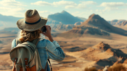 Fototapeta premium Woman capturing the majestic expanse of a mountainous desert through her photography