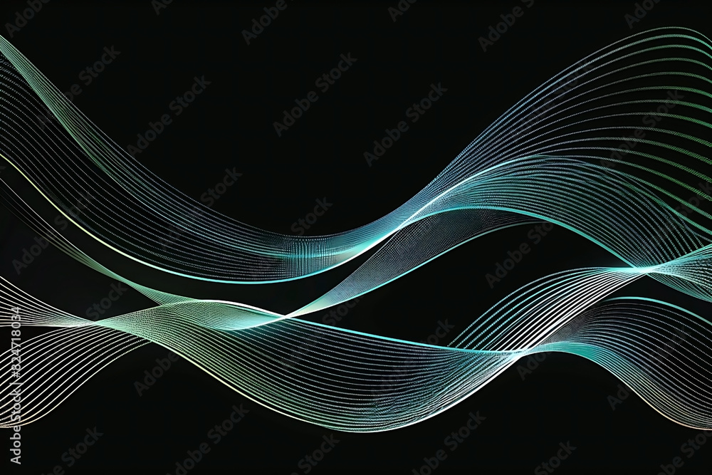 Wall mural wavy flowing blue green gradient lines isolated on dark background