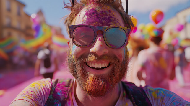 Cheerful Foreign Man Taking Realistic Selfie at Holi Festival, Nandgram, Barsana, Mathura, India