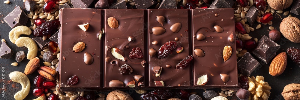 Poster A bar of chocolate topped with a variety of nuts and cranberries, creating a delicious and textured treat. Generative AI