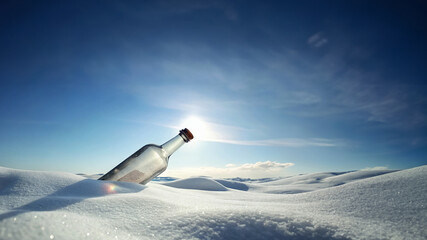 a bottle that fell and was buried in a pile of snow with the sun shining in the background