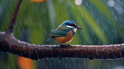 Blue-eared Kingfisher (Alcedo atthis) sitting on a branch in rain
