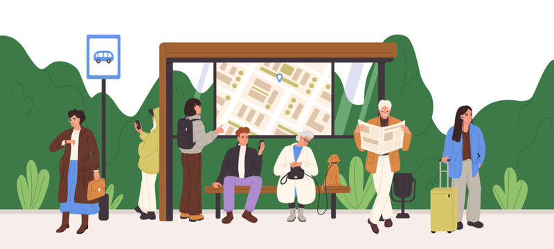 People are at the modern bus stop with bench. Old and young commuter waiting urban public transport, city mass transit. Crowd of passengers stands with newspapers, phones. Flat vector illustration