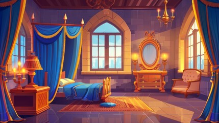 Modern cartoon illustration of a bedroom in a royal castle with wooden furniture and a window. Luxury medieval room interior with a canopy bed, armchair, chest, and candles.