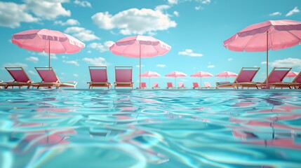 3D swimming pool scene, pink beach umbrella and chairs,pink water park with colorful slides in summer vacation concept,ai,3D render,generative ai,selective focus.