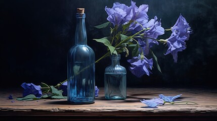 a blue bottle with flowers inside, in the style of chiaroscuro portraitures Generative AI