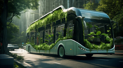 Obraz premium A city bus full of lush green plants cruises the streets, showcasing an innovative blend of public transportation and green living to reduce carbon footprint