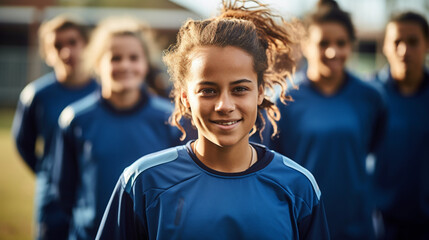 A confident, smiling young female football player in blue jersey, with her teammates in the background, showing unity and positive team dynamics