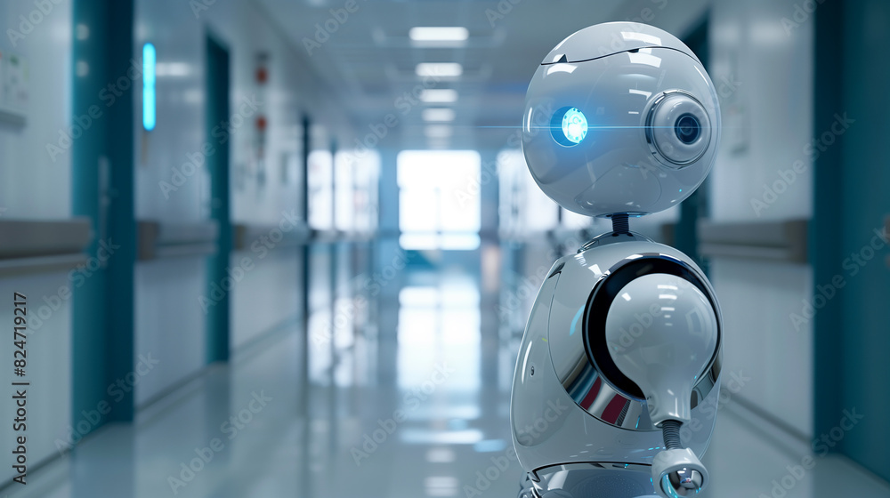 Poster a robot is standing in a hospital hallway. the robot is white and has blue eyes. the hallway is empt