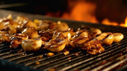 Close - up Shot, grilling, Grilled Smash pizza with cheese, caramellised onions and mushroms
