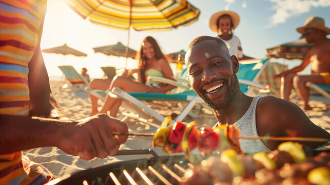 A diverse group of individuals are seated on the sandy shore, enjoying the view and each others company on a sunny day