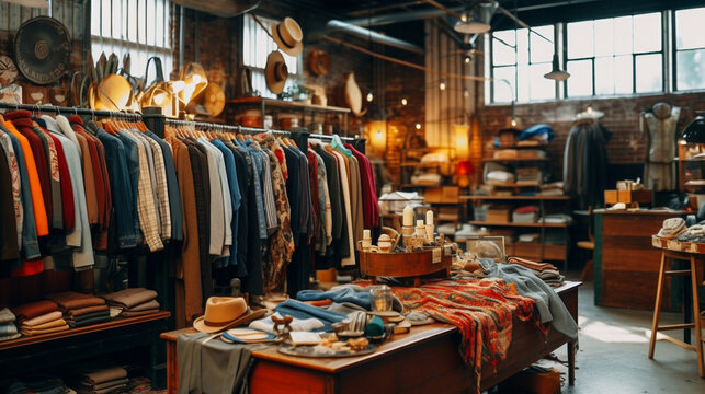 A thrift store interior showcasing a diverse array of vintage clothes and accessories, with warm wooden shelving and a cozy ambiance