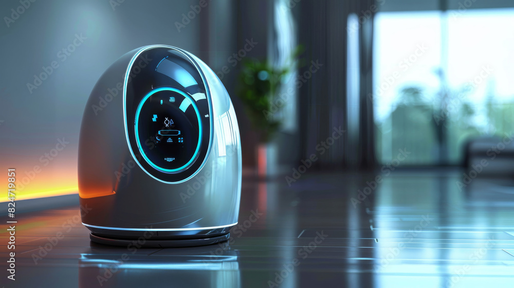 Aufkleber design a sleek, futuristic smart home device, incorporating holographic interfaces and metallic fini