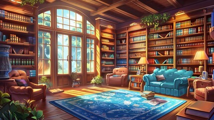 The image illustrates a comfortable and well-organized library room with extensive bookshelves and comfortable furniture, with educational and informational backgrounds for students.