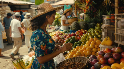 Obraz premium A woman is standing in front of a fruit stand, inspecting the various fruits on display