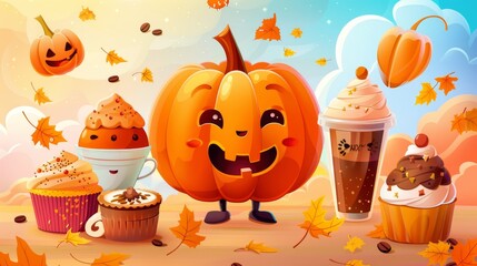 Cartoon Pumpkin Character in 50s, 60s, 70s Vintage Style. A happy autumn mascot with pumpkin spices, pumpkin pie, pudding, cake, cup cakes, donuts, waffles, and coffee mugs.