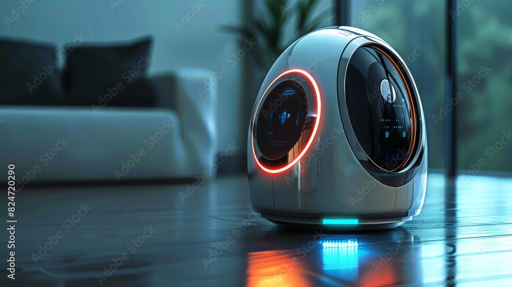 Aufkleber design a sleek, futuristic smart home device, incorporating holographic interfaces and metallic fini