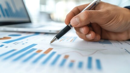 Close up of a businessman's hand holding a pen working with a financial chart and data on a desk in an office.