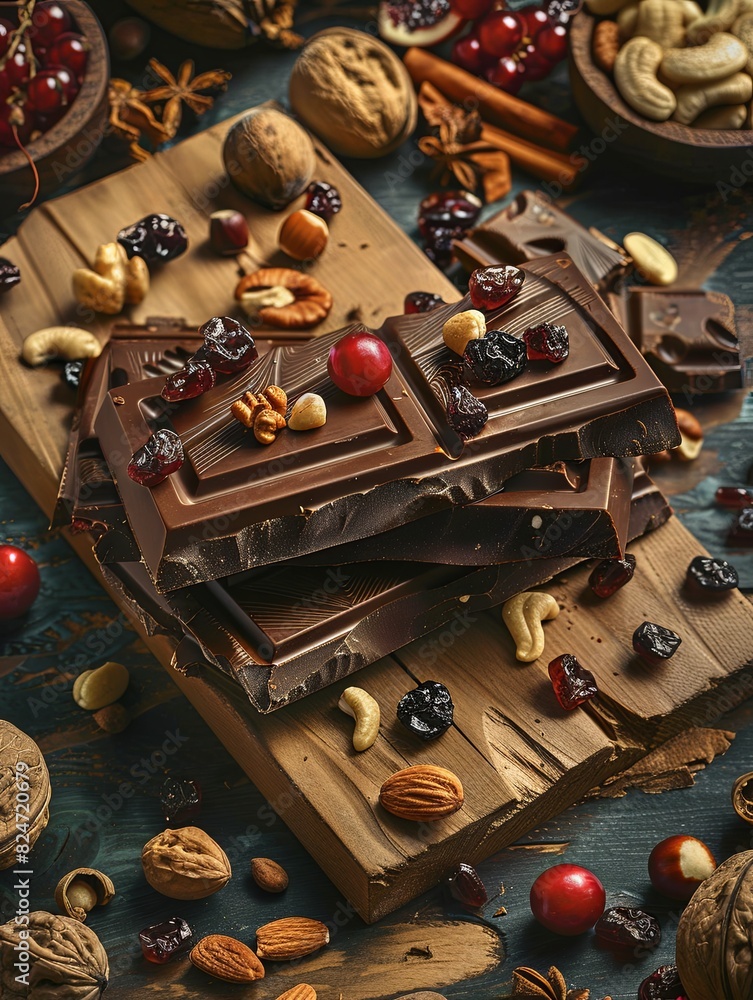 Poster A table filled with a diverse array of food items including chocolate bars, nuts, and dried fruits. Generative AI