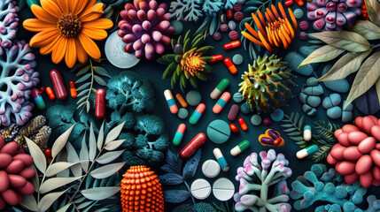 A collection of various colored pills mixed with vibrant flowers, creating a colorful and contrasting display